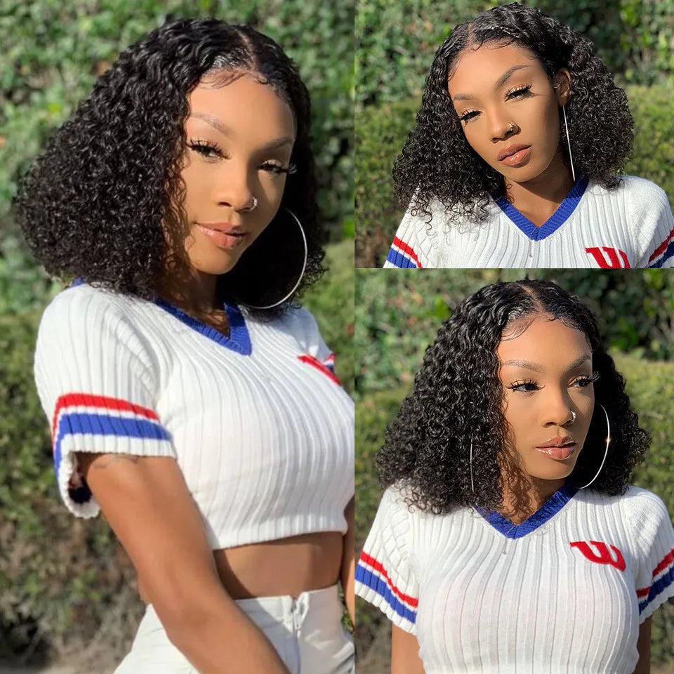 100% Brazilian Curly Lace Front Wig – Glueless Short Bob Deep Water Wave 13×4 HD Lace Frontal Human Hair Wig