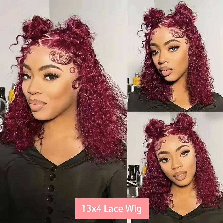 99J Burgundy Short Deep Wave Wig – 13x4 HD Lace Front, Glueless Brazilian Human Hair (14 Inch)