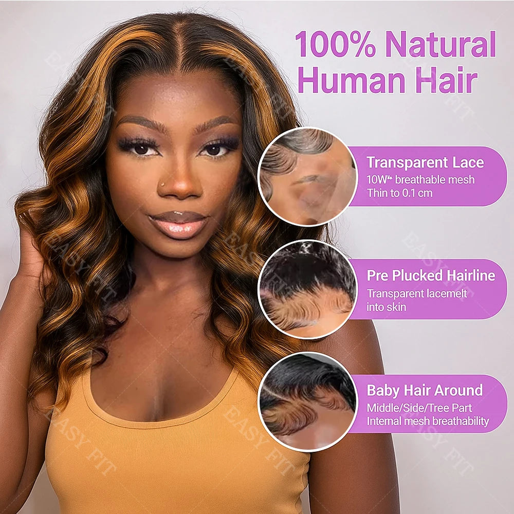 1B/30 Highlight Ombre Short Bob Wig – 13x4 HD Transparent Lace Frontal, Human Hair, Body Wave, 16 Inch
