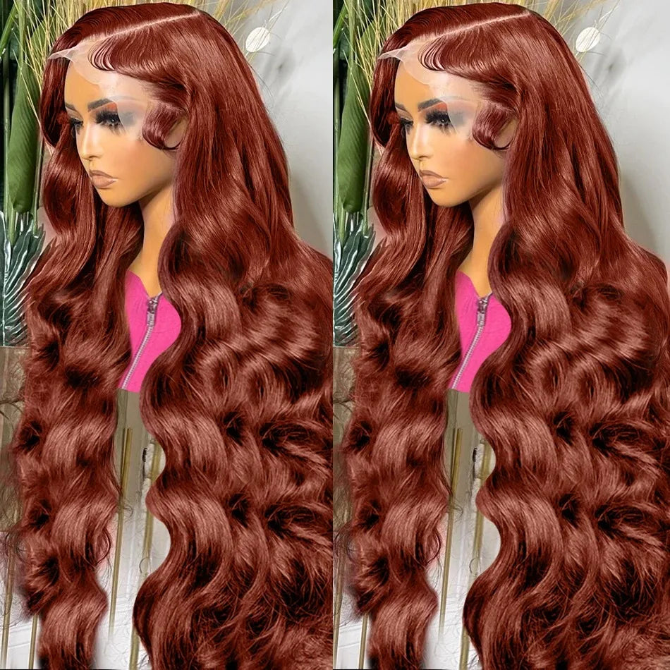13x4 Reddish Brown Body Wave HD Transparent Lace Front Human Hair Wig #33