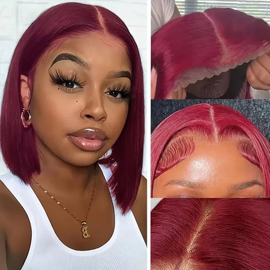 13x4 Wear & Go Glueless Straight Bob Wig – 99J Burgundy Red Human Hair