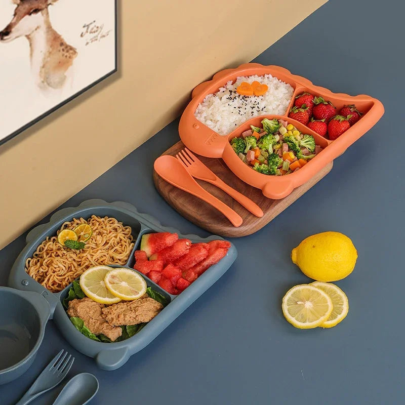 Dinosaur Baby Tableware Set – Large 3-Compartment Plate with Spoon & Fork for Balanced Meals