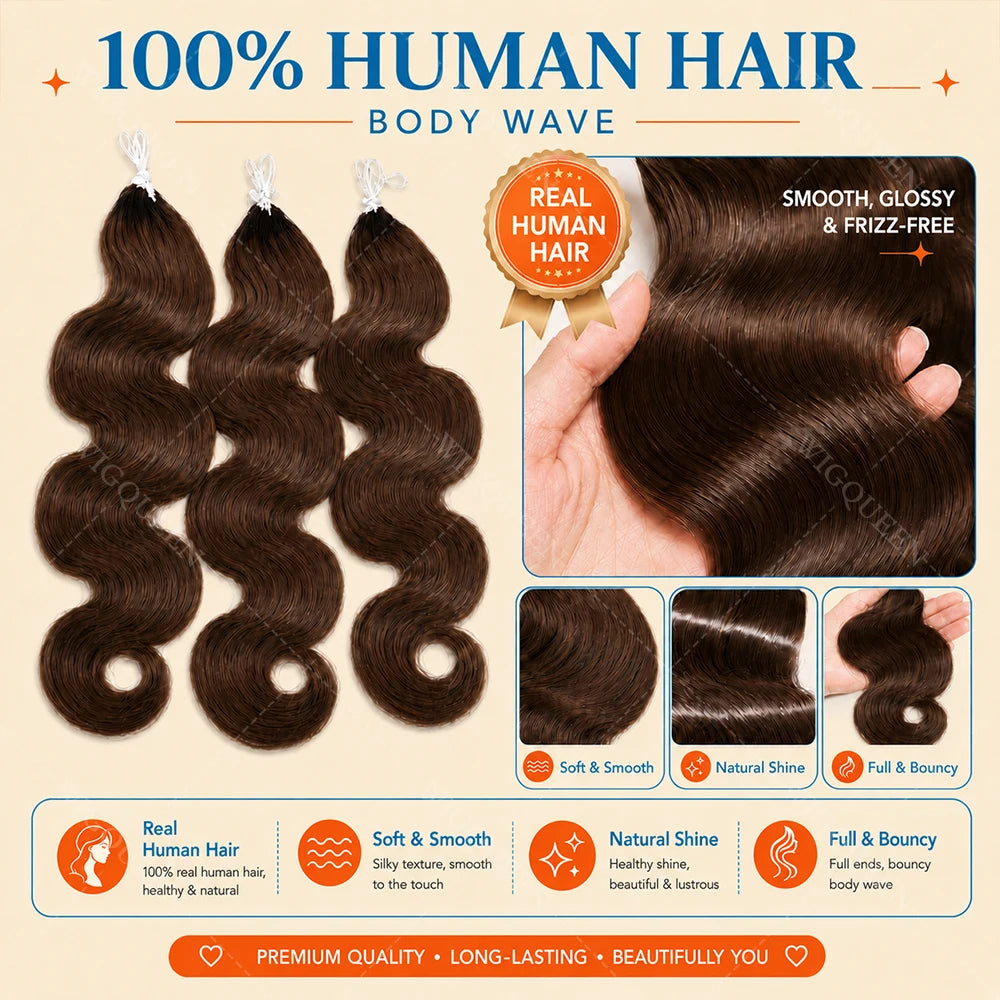 15A Body Wave Crochet Hair Extensions – Remy Human Hair Knotless Pre-Separated Miracle Knot Boho Braids