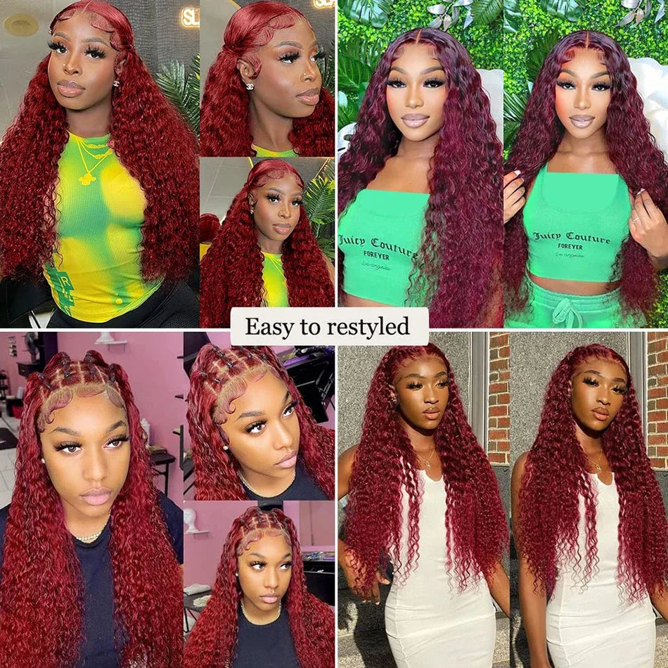 99J Burgundy Deep Wave HD Lace Front Wig – 13x6 & 13x4 Human Hair Frontal, Long Curly Red Wig