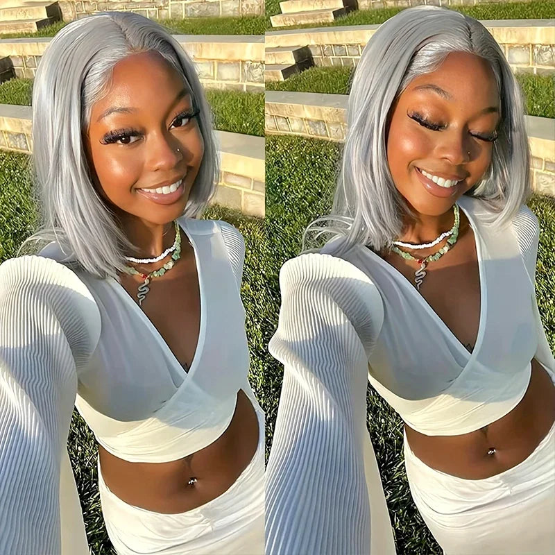 Silver Grey Bob Wig | 13x6 Lace Front Human Hair Wig | Straight Brazilian Remy Hair | 200% 250% Density
