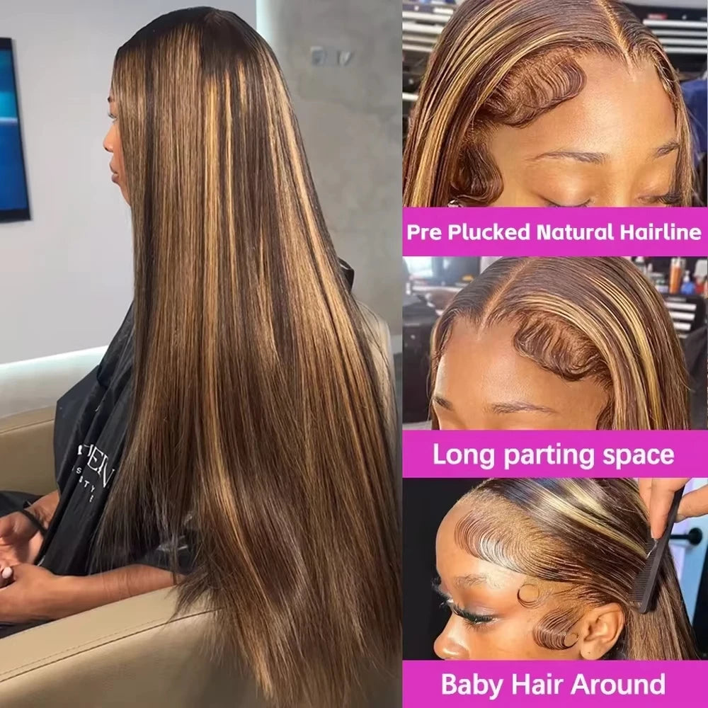 4/27 Highlight Straight HD Lace Front Wig – 38 Inch Long Human Hair, 200% Density Brazilian Wig