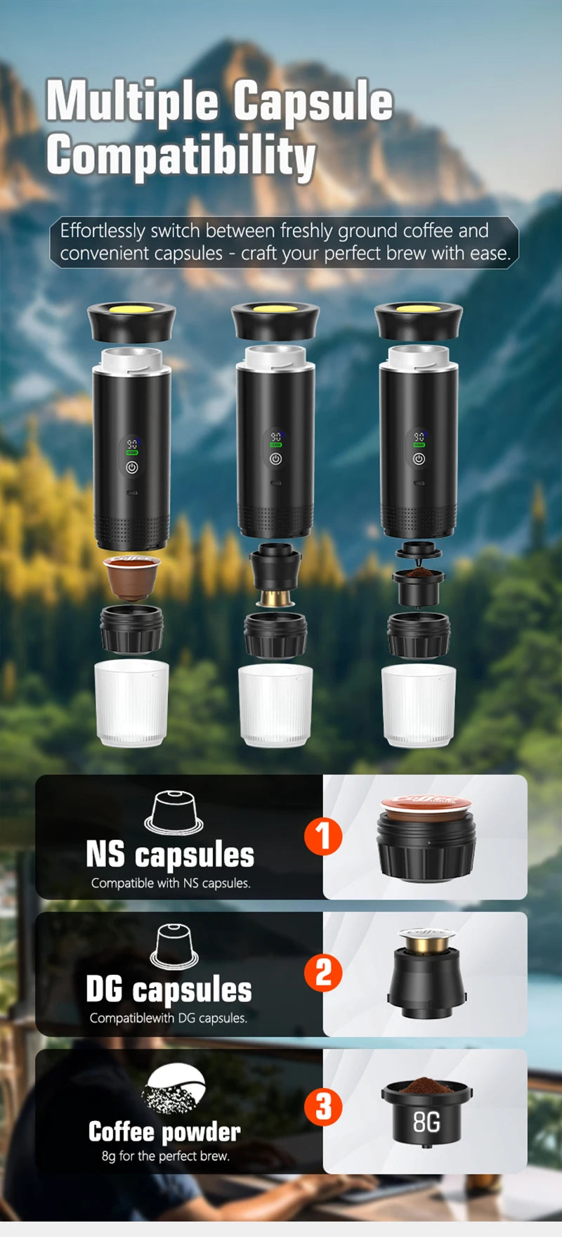 Portable 3-in-1 Espresso Coffee Maker — Digital Display Capsule Machine for Car, Home & Camping