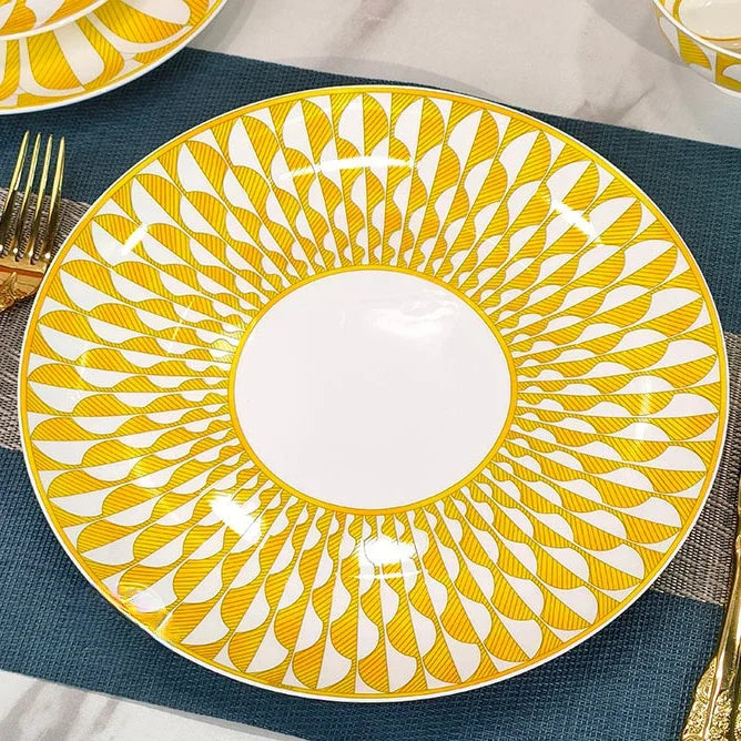 European Style Bone China Tableware Set – Sunshine Geometric Steak Plate & Cup Gift Set for Elegant Dining