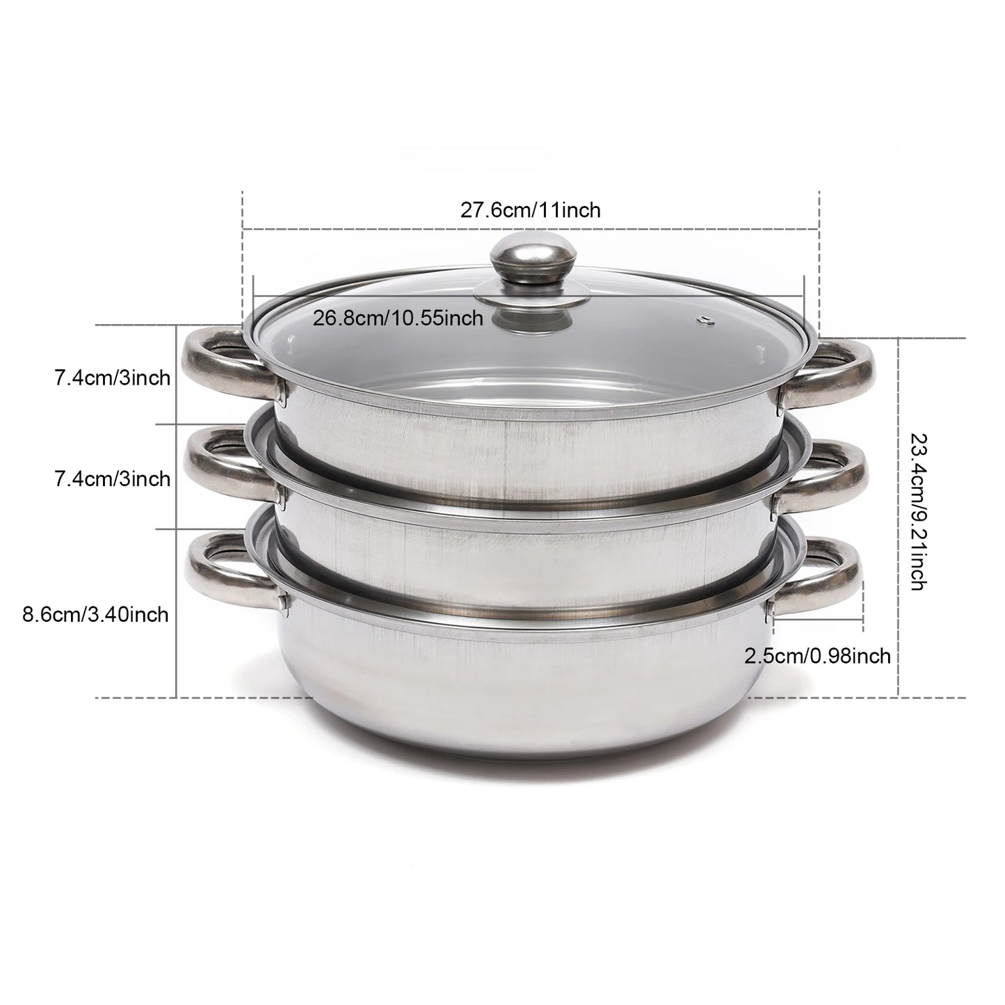 28CM 3-Tier Stainless Steel Food Steamer – Multi-Function Cooking Pot for Kitchen