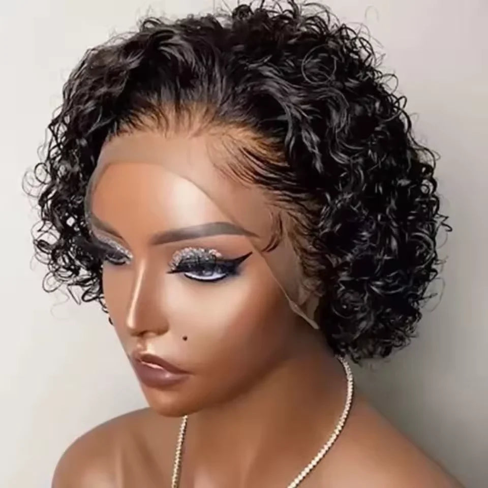 Pixie Cut Short Curly Brazilian Human Hair Wig 13x1 Transparent Lace Front (Water Wave)