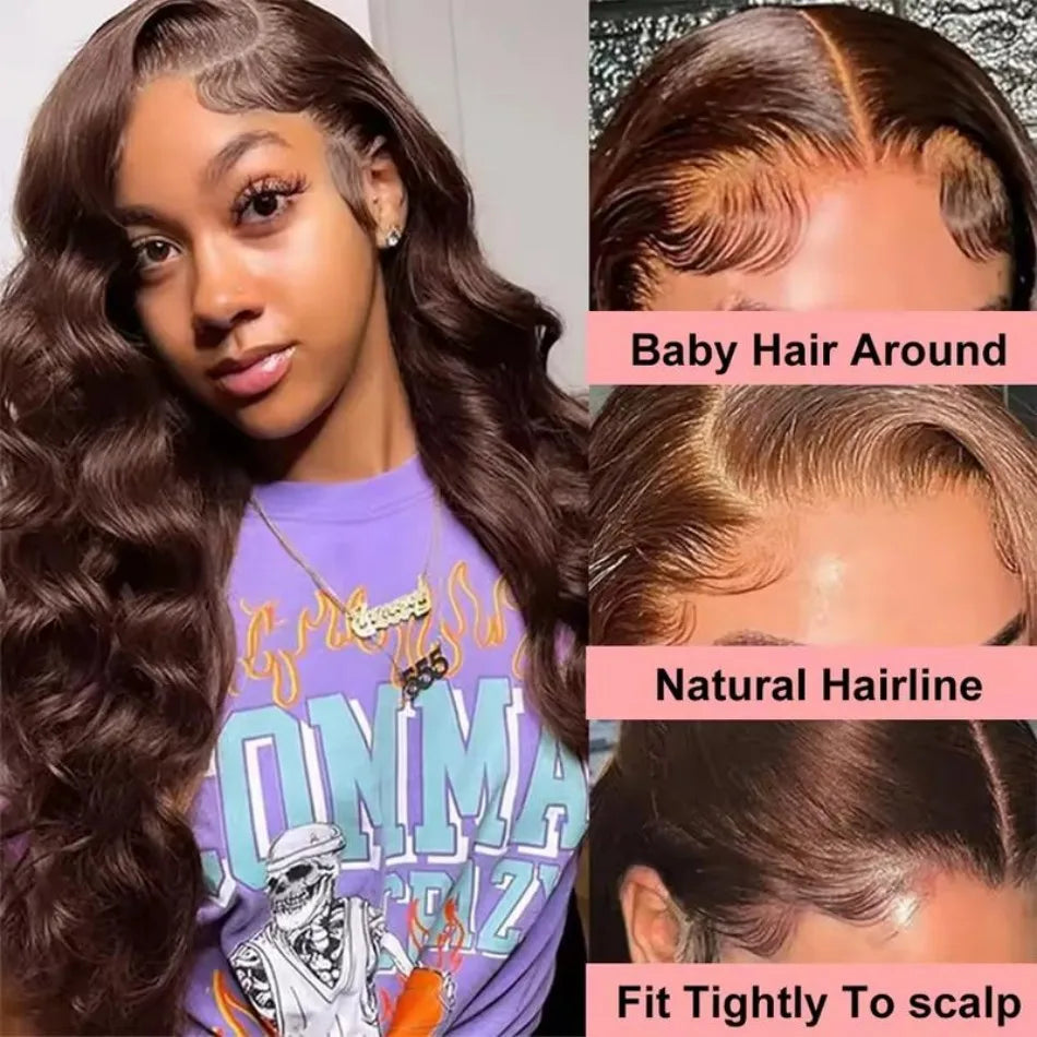 Chocolate Brown 13x6 HD Lace Frontal Body Wave Human Hair Wig (30", Pre-Plucked, Free Parting)