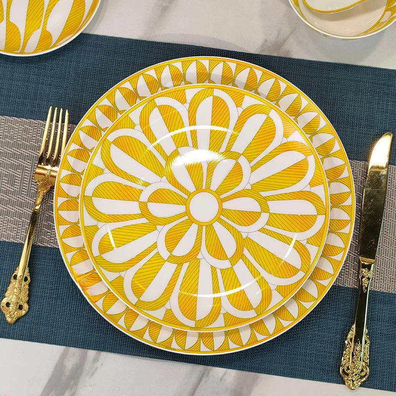 European Style Bone China Tableware Set – Sunshine Geometric Steak Plate & Cup Gift Set for Elegant Dining