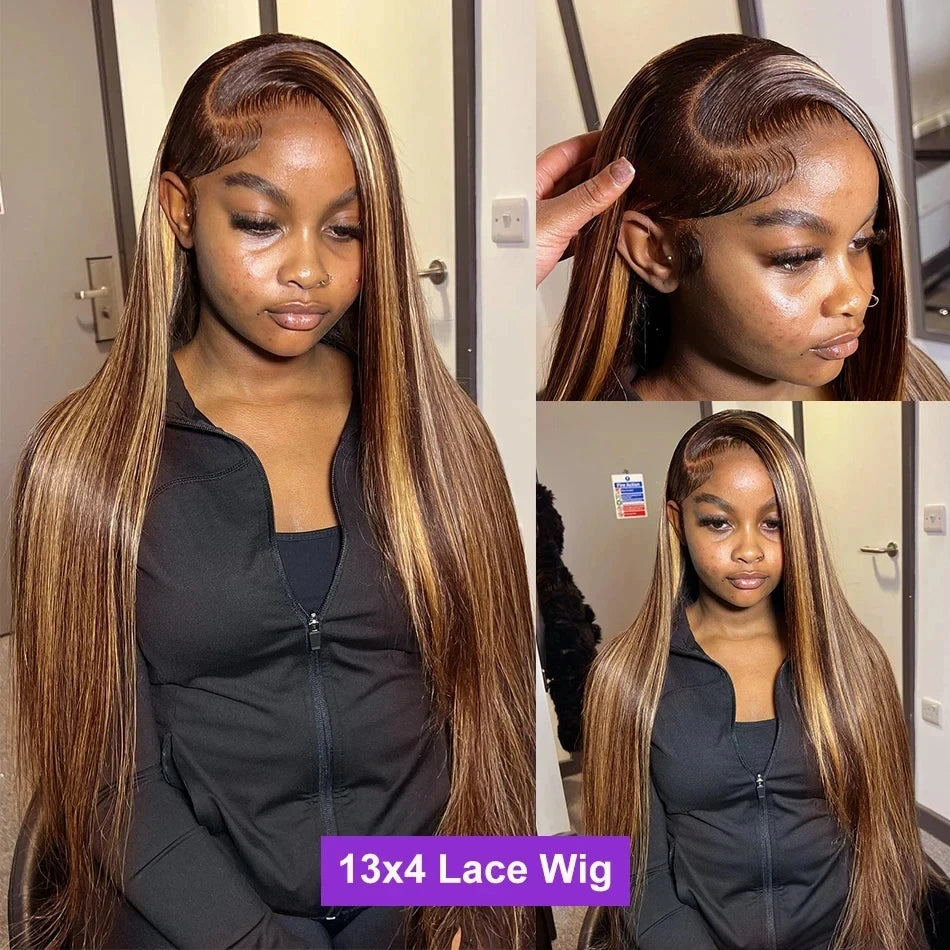 4/27 Highlight Straight HD Lace Front Wig – 38 Inch Long Human Hair, 200% Density Brazilian Wig