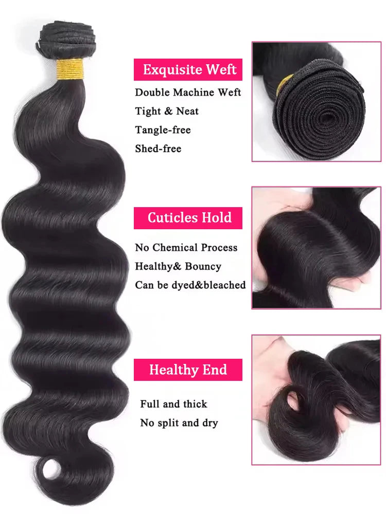 10A Brazilian Raw Body Wave Hair Bundles (30–40 Inch, Double Weft, 1/3/4 Bundles)