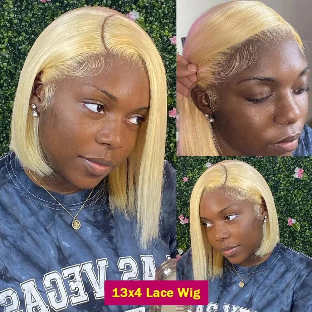 13x4 Blonde HD Transparent Lace Front Wig – 613 Short Straight Bob Human Hair Wig for Women