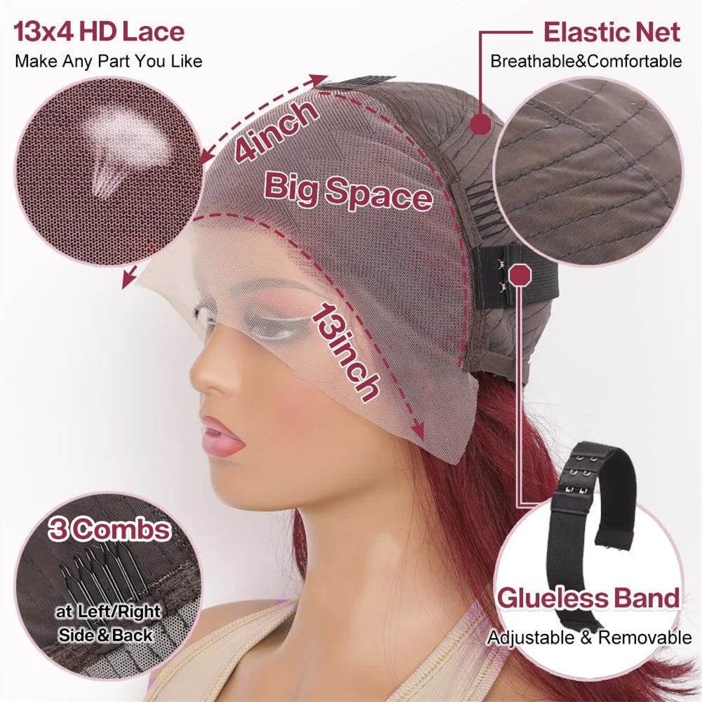 99J Burgundy Water Wave Bob 13x4 Transparent Lace Front Remy Brazilian Human Hair Wig (Short)