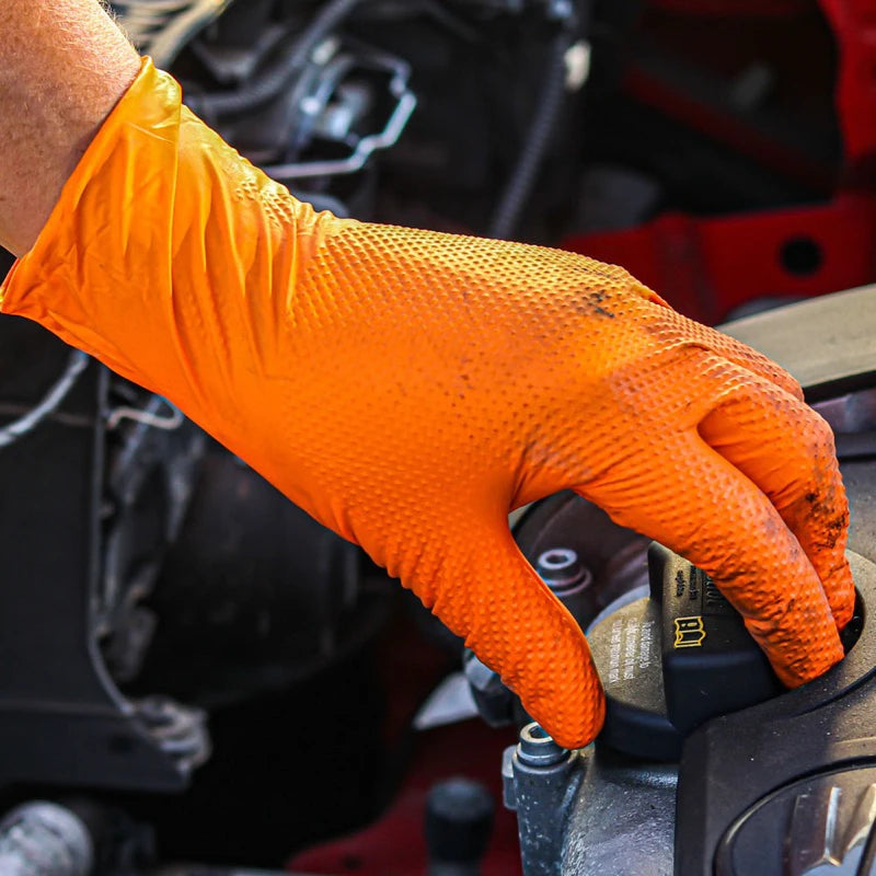 Heavy Duty 8Mil Orange Nitrile Gloves – Industrial Disposable Work Gloves with Diamond Grip for Mechanics & Cleaningg