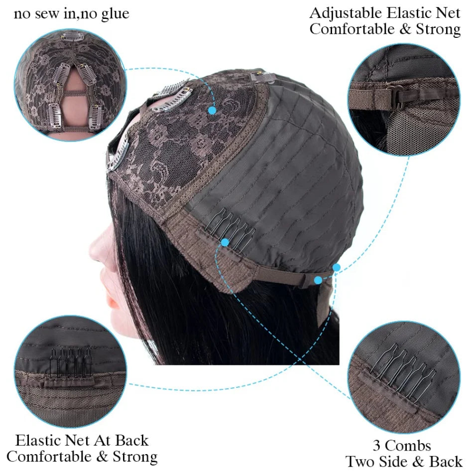 Glueless V Part Straight Human Hair Wig (220% Density, Natural Black, Beginner Friendly, No Leave Out)