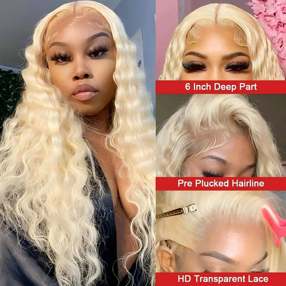 613 Blonde Deep Wave 13x6 HD Lace Front Wig (250 Density, Pre-Plucked) – Brazilian Remy Human Hair