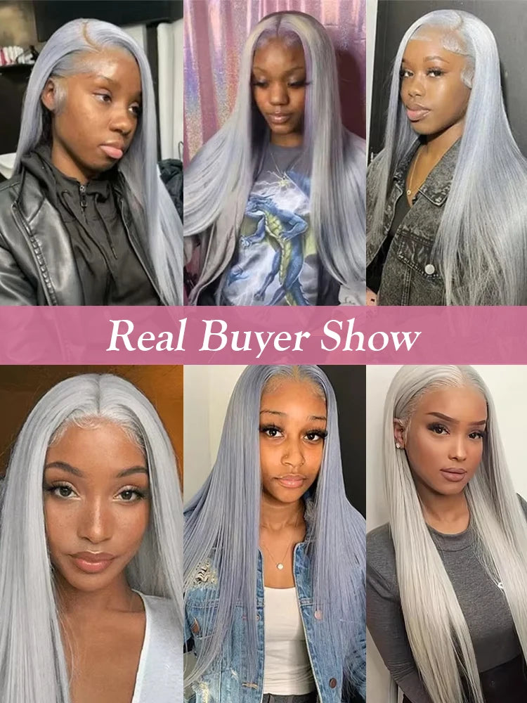 40” Silver Grey Straight HD Lace Front Human Hair Wig (13x6 / 13x4, Brazilian Remy, Pre-Plucked)