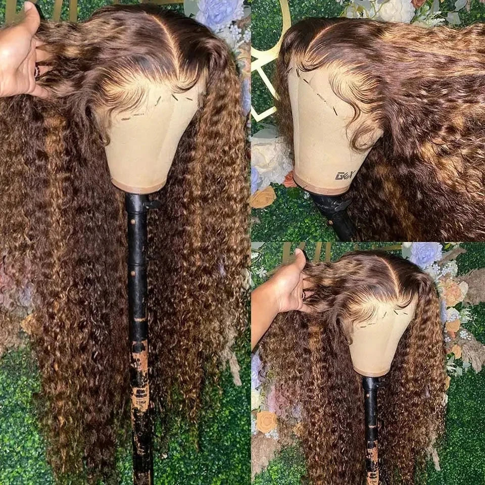 4/27 Honey Blonde Ombre Curly Human Hair Wig (38 Inch, 13x6 HD Lace Front / 13x4 Deep Wave)