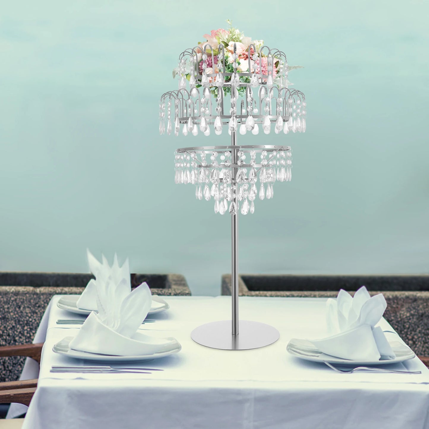 5-Tier Crystal Fountain Flower Stand – Silver & Gold Freestanding Centerpiece for Wedding, Party & Home Décor