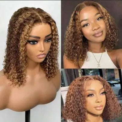 16" P4/27 Honey Brown Highlight Curly Bob Human Hair Wig (5x5 Glueless Transparent Lace)