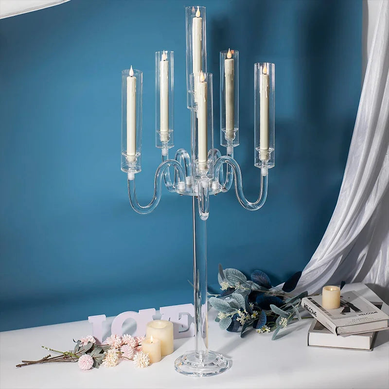 Acrylic LED Candle Holder Centerpiece – 6-Arm 37.4” Wedding Table Decor