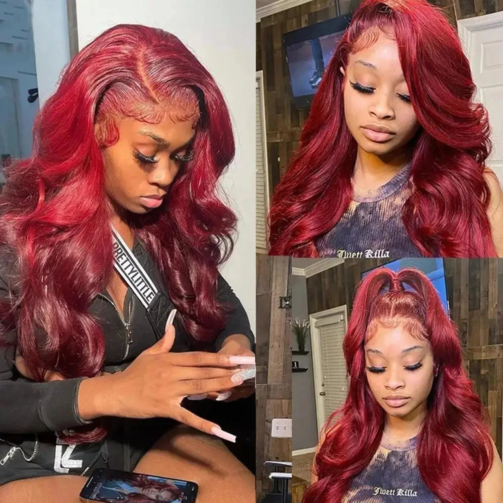 99J Burgundy Body Wave Lace Front Human Hair Wig – 200% Density, 13x4 / 13x6 HD Transparent Lace