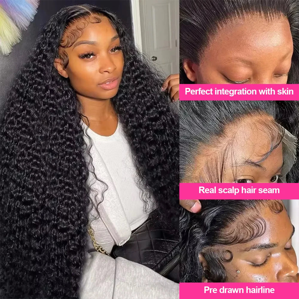 300% Density 40–46 Inch Deep Wave Lace Front Human Hair Wig | 13x6 HD Glueless Curly Wig