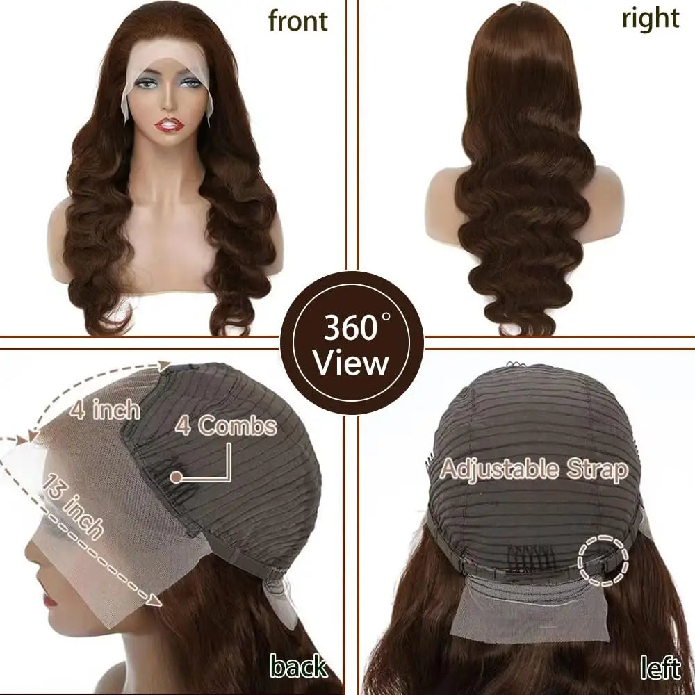 Chocolate Brown 13x4 Body Wave Transparent Lace Front Human Hair Wig – Pre-Plucked, 200% Density, 30 Inch