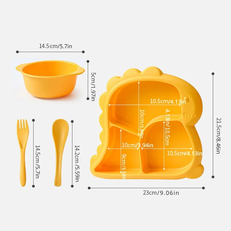 Dinosaur Baby Tableware Set – Large 3-Compartment Plate with Spoon & Fork for Balanced Meals