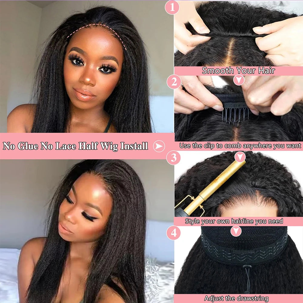 3-in-1 Kinky Straight Half Wig (Drawstring Glueless) – Brazilian Remy Human Hair, 250% Density, Ready to Wear (26"+)