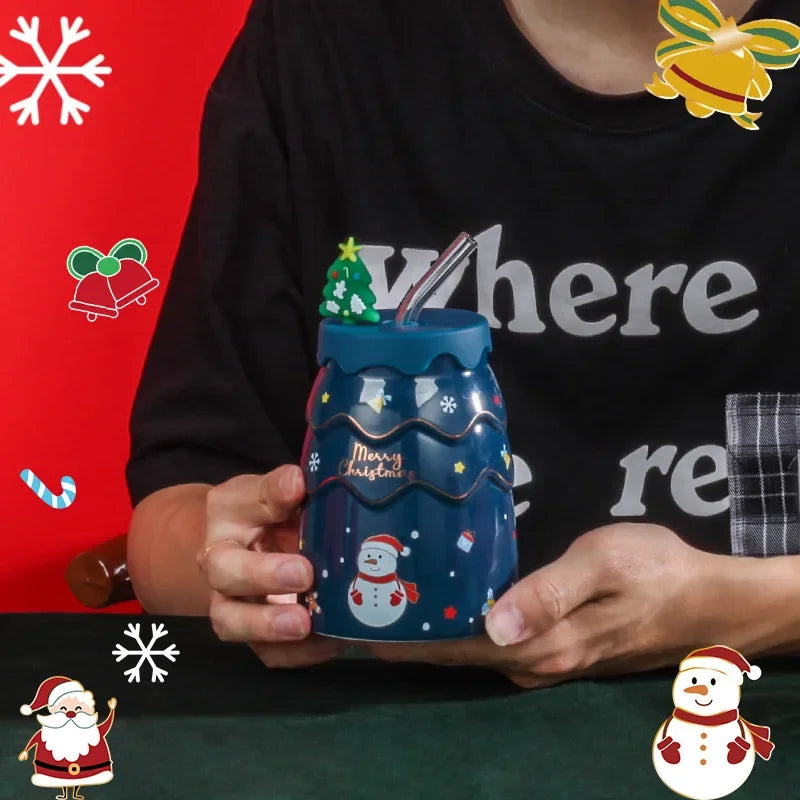 🎅 Christmas Ceramic Mug with Lid & Straw – Santa, Snowman & Tree Design Gift Cup