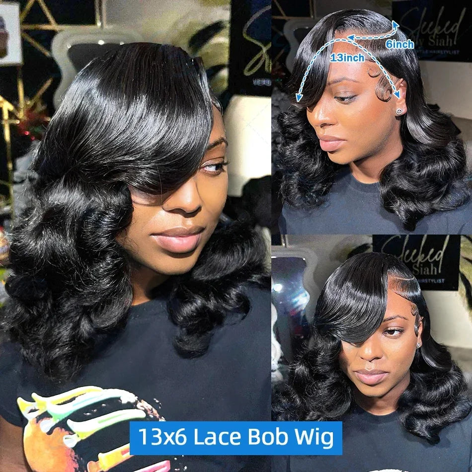 200% Density 5x5 Glueless Short Bob Body Wave 13x6 HD Transparent Lace Front Human Hair Wig