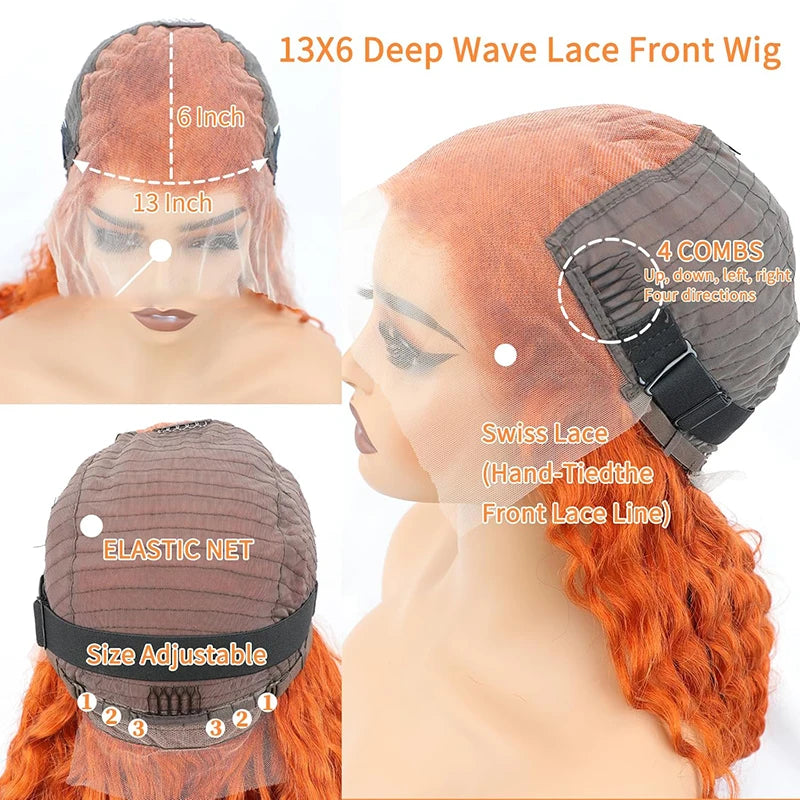 Orange Ginger 13x6 Lace Front Deep Wave Human Hair Wig (Pre-Plucked, 38")