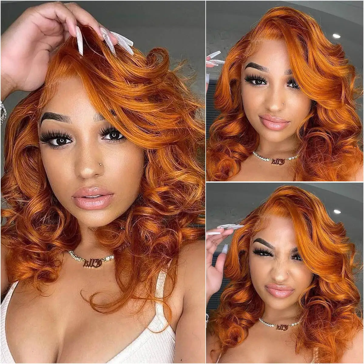 Ginger Orange Body Wave Bob Glueless 4x4 HD Lace Closure Remy Human Hair Wig (#350, Pre-Plucked)