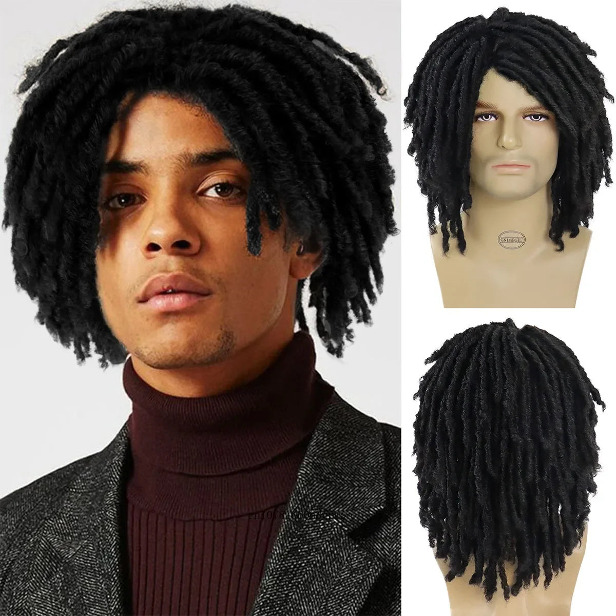 Natural Black Bouncy Curly Hair Synthetic Wigs for Men Short Afro Kinky Curly Wig with Bangs Male Wigs Cosplay Halloween Party