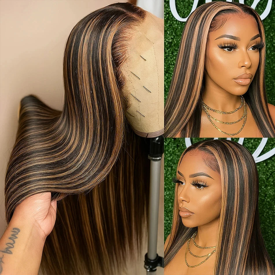 200% Density Bone Straight Highlight Lace Front Human Hair Wig 13x6 HD