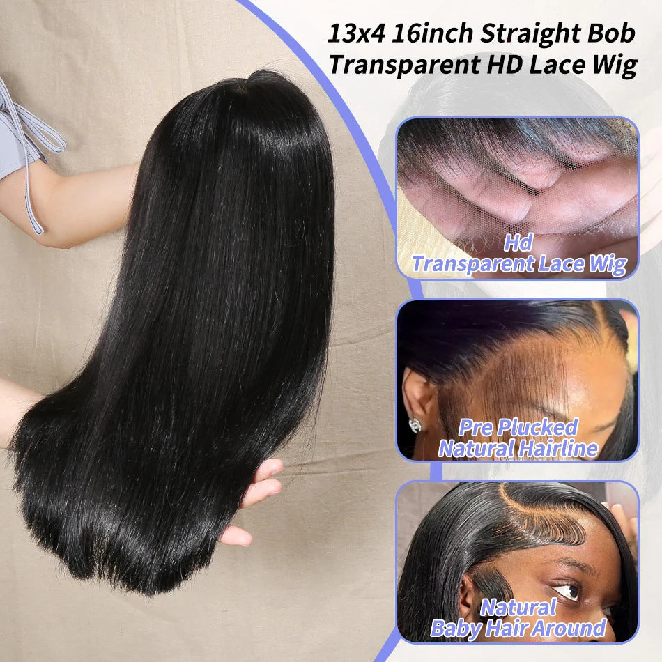 12–14 Inch Bone Straight Bob 13x4 / 4x4 HD Lace Frontal Wig (Black) – Remy Human Hair