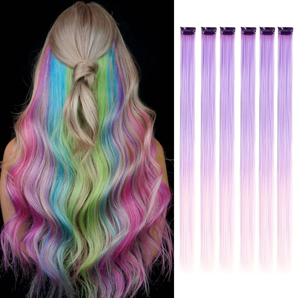 Colored Party Highlight Clip-In Hair Extensions | Synthetic Straight | 6pcs 70g | 22 Inch | Multi-Color