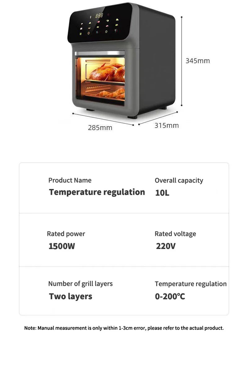 Smart 10L Oil-Free Air Fryer Oven with 360° Hot Air Convection — Large Capacity Electric Cooker for Healthy Home Cooking