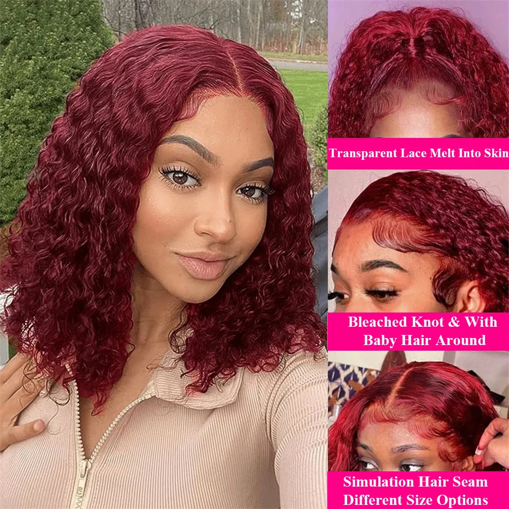 99J Burgundy Water Wave Bob 13x4 Transparent Lace Front Remy Brazilian Human Hair Wig (Short)