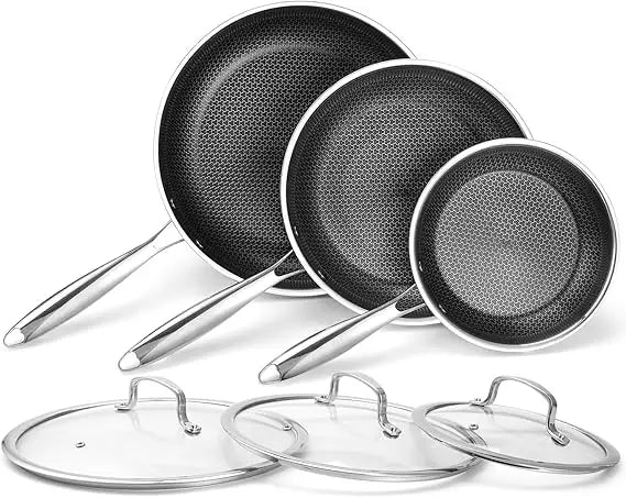 6-Piece Hybrid Nonstick Frying Pan Set – 8", 10" & 12" Cookware with Glass Lids & Cool-Touch Handles