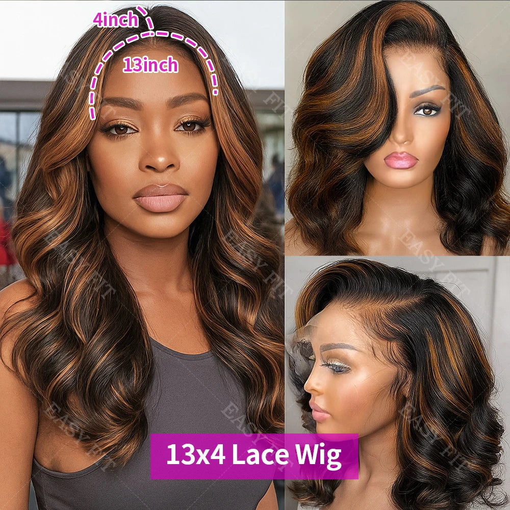 1B/30 Highlight Ombre Short Bob Wig – 13x4 HD Transparent Lace Frontal, Human Hair, Body Wave, 16 Inch