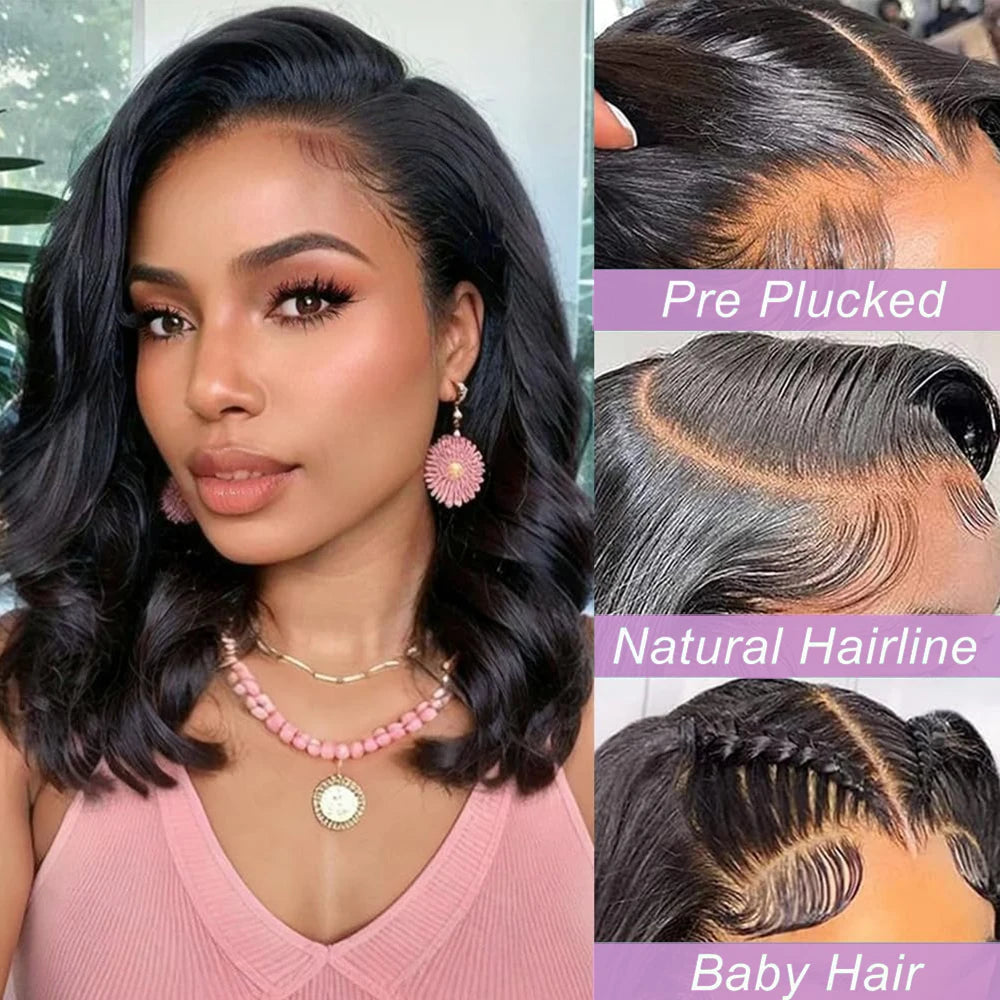 200% Density Body Wave Short Bob HD Lace Front Human Hair Wig (13x4, Brazilian Remy, Natural Black)