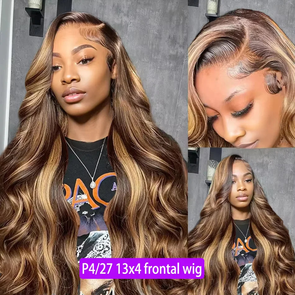 1B/30 Black Brown Body Wave 13x6 HD Lace Front Human Hair Wig (P427 Highlight Ombre, Remy Brazilian Hair)