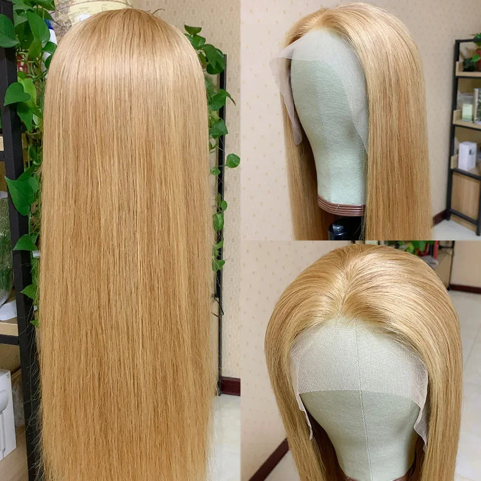 Bone Straight Honey Blonde 13x6 HD Lace Front Wig – 27# Brazilian Human Hair, Long Straight Glueless Wig