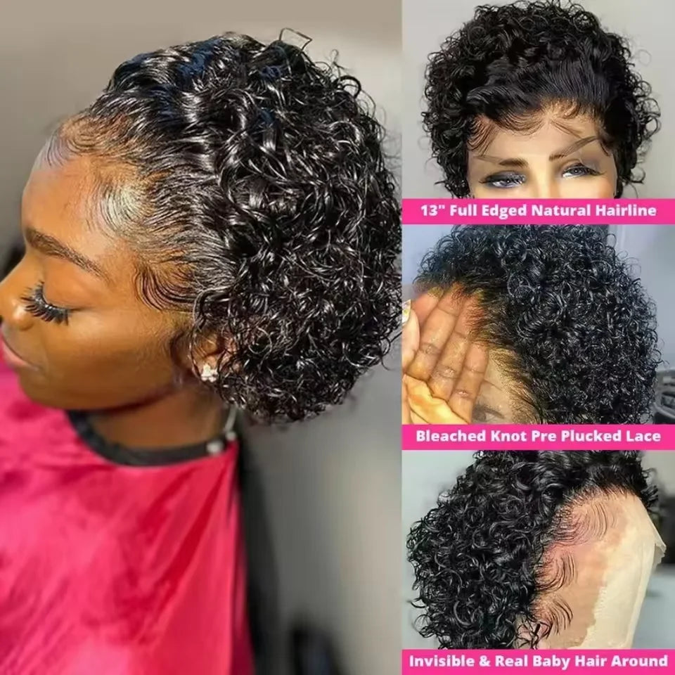 Pixie Cut Short Curly Brazilian Human Hair Wig 13x1 Transparent Lace Front (Water Wave)