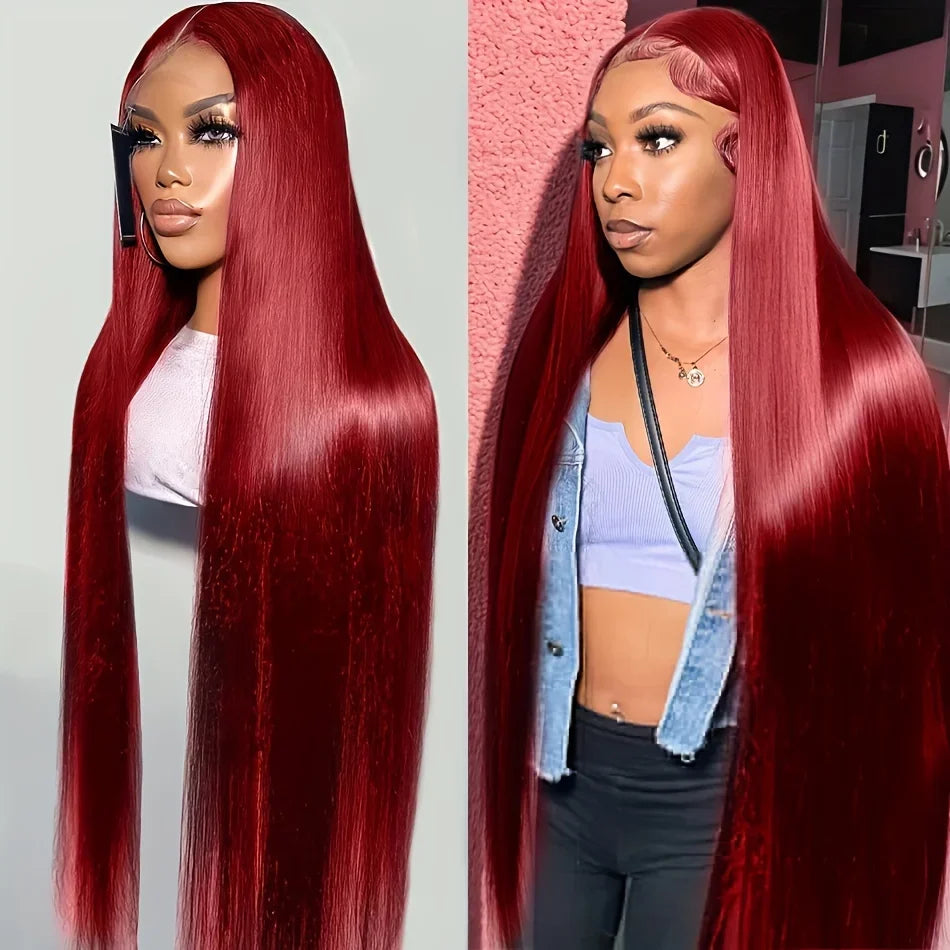 99J Burgundy Straight Lace Front Human Hair Wig – 13x4 / 13x6 HD Transparent, Glueless